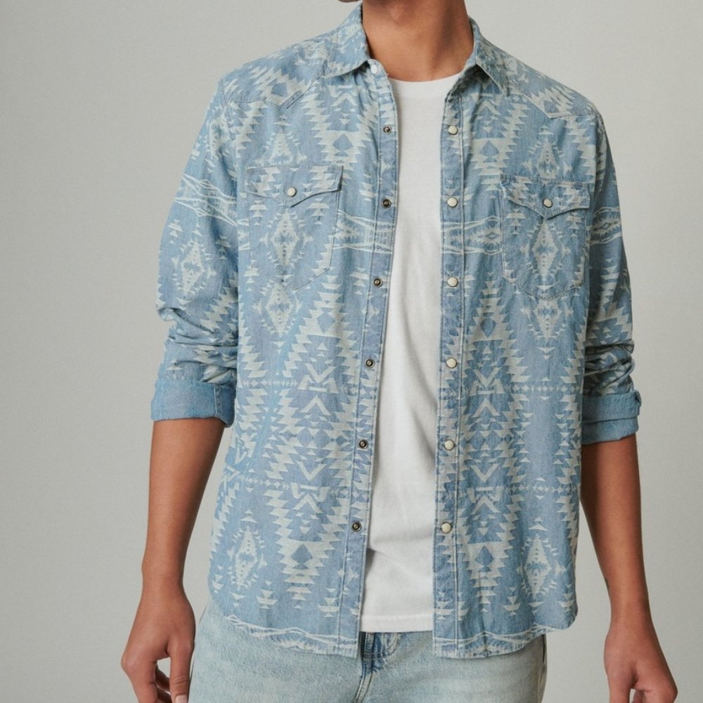 Indigo Jacquard Long Sleeve Western Shirt - XL Slim Fit